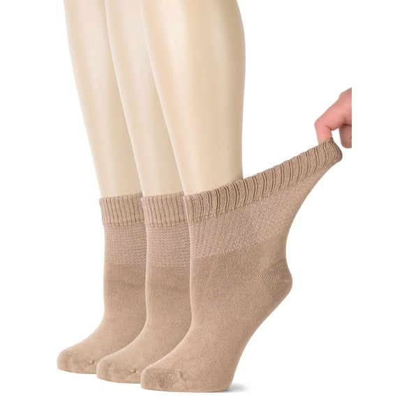 HUGH UGOLI Women's Bamboo Ankle Loose Fit Diabetic Socks, Soft, Seamless Toe, Wide Stretchy, Non-Binding Top, 3 Pairs, Beige, Shoe Size: 6-9