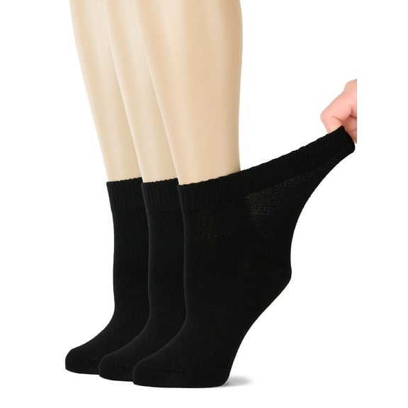Hugh Ugoli Women's Bamboo Ankle Socks, Soft, Seamless Toe, Wide Stretchy, 3 Pairs, Black, Size: 10-12