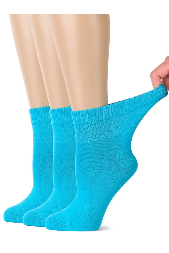Women's Bamboo Ankle Loose Fit Diabetic Socks, Soft, Seamless Toe, Wide Stretchy, Non-Binding Top, 3 Pairs, Blue Curacao, Shoe Size: 10-12