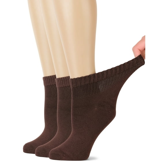 HUGH UGOLI Women's Bamboo Ankle Loose Fit Diabetic Socks, Soft, Seamless Toe, Wide Stretchy, Non-Binding Top, 3 Pairs, Brown, Shoe Size: 6-9
