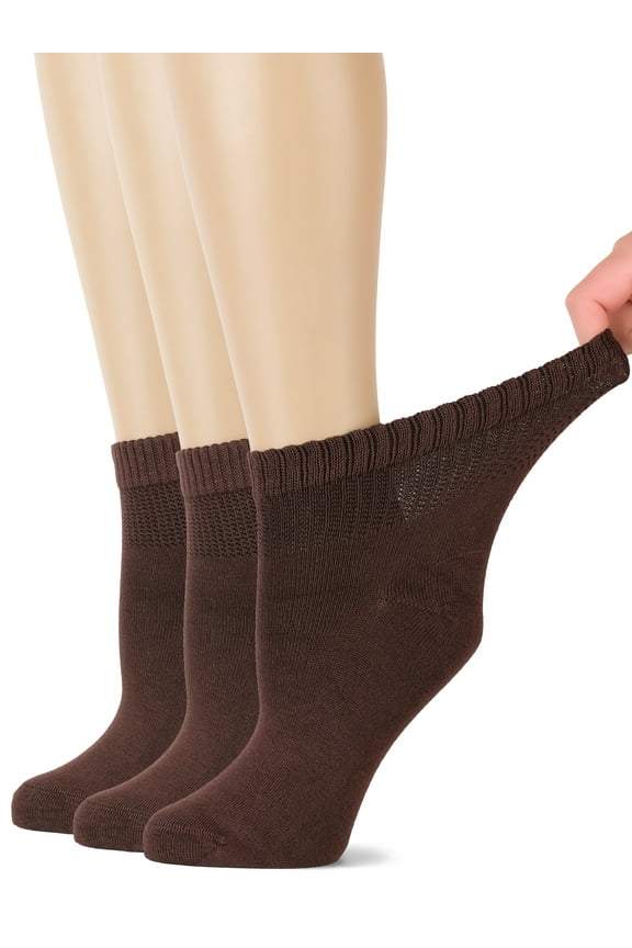 Women's Bamboo Ankle Loose Fit Diabetic Socks, Soft, Seamless Toe, Wide Stretchy, Non-Binding Top, 3 Pairs, Brown, Shoe Size: 6-9