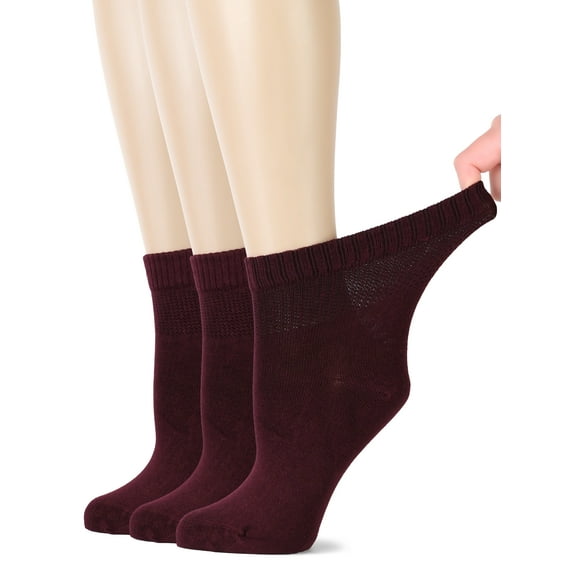 HUGH UGOLI Women's Bamboo Ankle Loose Fit Diabetic Socks, Soft, Seamless Toe, Wide Stretchy, Non-Binding Top, 3 Pairs, Burgundy, Shoe Size: 6-9