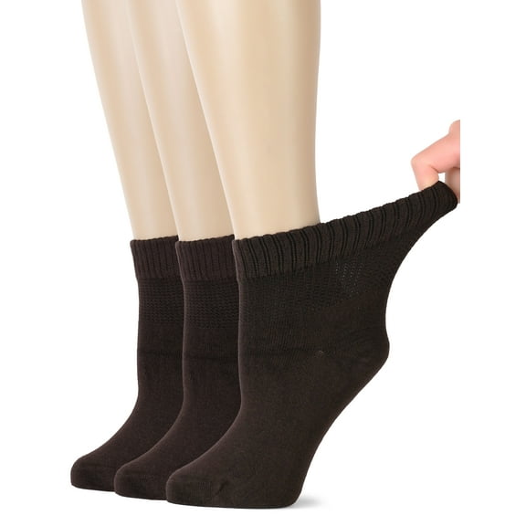 HUGH UGOLI Women's Bamboo Ankle Loose Fit Diabetic Socks, Soft, Seamless Toe, Wide Stretchy, Non-Binding Top, 3 Pairs, Dark Brown, Shoe Size: 10-12
