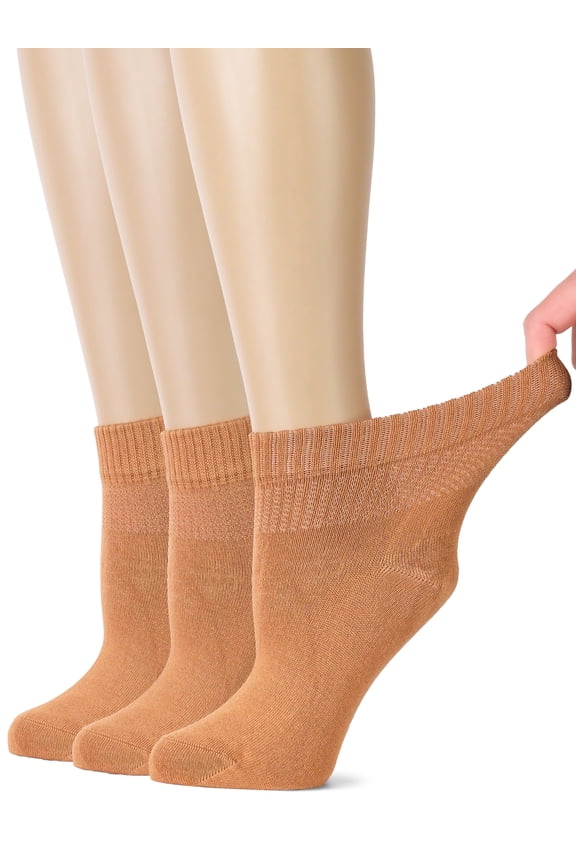 Women's Bamboo Ankle Loose Fit Diabetic Socks, Soft, Seamless Toe, Wide Stretchy, Non-Binding Top, 3 Pairs, Hazel, Shoe Size: 10-12