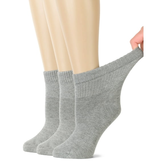 HUGH UGOLI Women's Bamboo Ankle Loose Fit Diabetic Socks, Soft, Seamless Toe, Wide Stretchy, Non-Binding Top, 3 Pairs, Light Grey, Shoe Size: 6-9