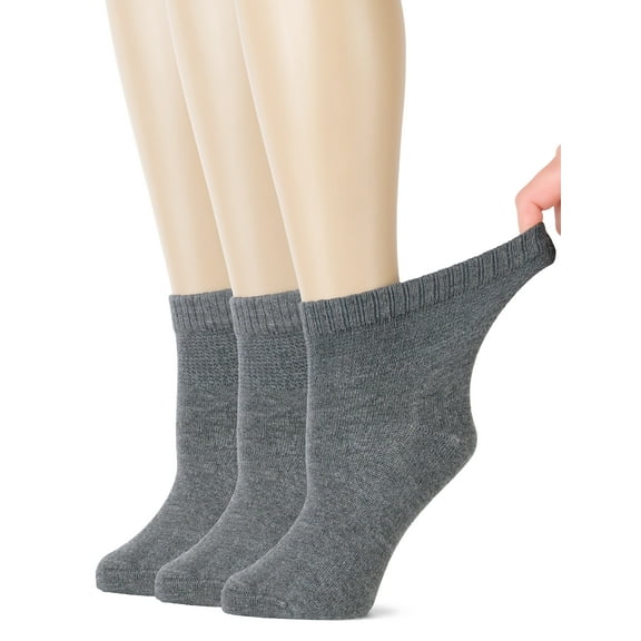 HUGH UGOLI Women's Bamboo Ankle Loose Fit Diabetic Socks, Soft, Seamless Toe, Wide Stretchy, Non-Binding Top, 3 Pairs, Melange Gray, Shoe Size: 6-9