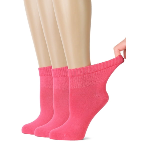 HUGH UGOLI Women's Bamboo Ankle Loose Fit Diabetic Socks, Soft, Seamless Toe, Wide Stretchy, Non-Binding Top, 3 Pairs, Paradise Pink, Shoe Size: 6-9