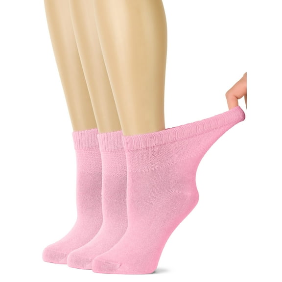 HUGH UGOLI Women's Bamboo Ankle Loose Fit Diabetic Socks, Soft, Seamless Toe, Wide Stretchy, Non-Binding Top, 3 Pairs, Pink, Shoe Size: 6-9