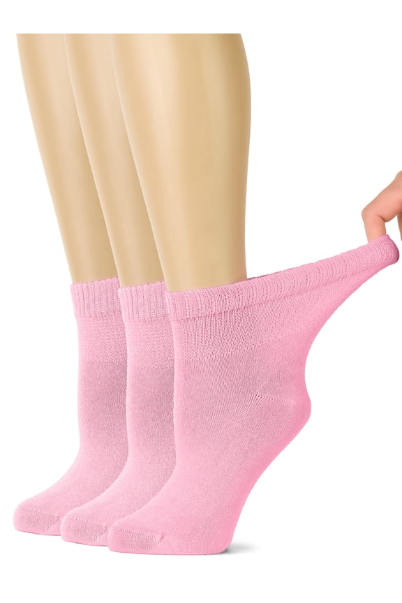 Women's Bamboo Ankle Loose Fit Diabetic Socks, Soft, Seamless Toe, Wide Stretchy, Non-Binding Top, 3 Pairs, Pink, Shoe Size: 6-9