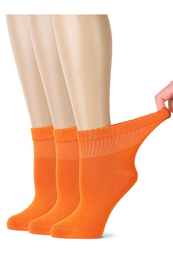 Women's Bamboo Ankle Loose Fit Diabetic Socks, Soft, Seamless Toe, Wide Stretchy, Non-Binding Top, 3 Pairs, Pumpkin Orange, Shoe Size: 6-9