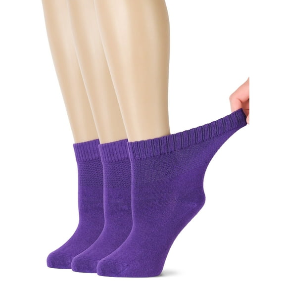 HUGH UGOLI Women's Bamboo Ankle Loose Fit Diabetic Socks, Soft, Seamless Toe, Wide Stretchy, Non-Binding Top, 3 Pairs, Purple, Shoe Size: 6-9