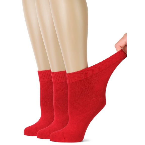 HUGH UGOLI Women's Bamboo Ankle Loose Fit Diabetic Socks, Soft, Seamless Toe, Wide Stretchy, Non-Binding Top, 3 Pairs, Red, Shoe Size: 10-12