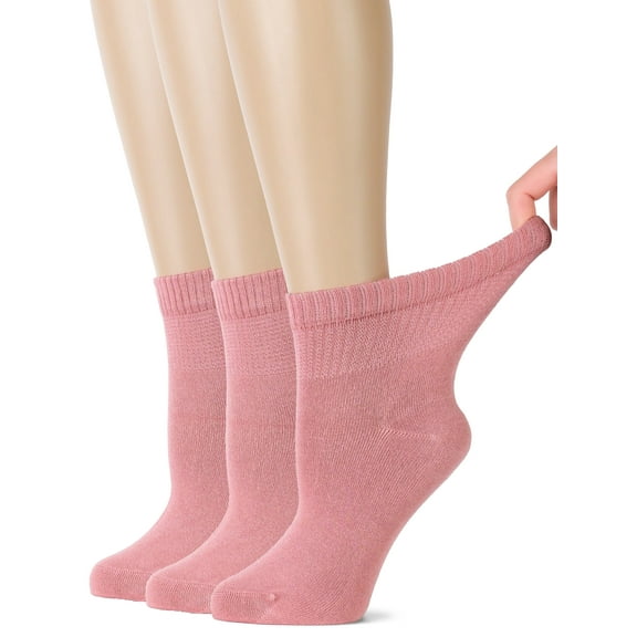 HUGH UGOLI Women's Bamboo Ankle Loose Fit Diabetic Socks, Soft, Seamless Toe, Wide Stretchy, Non-Binding Top, 3 Pairs, Rose Wood, Shoe Size: 10-12