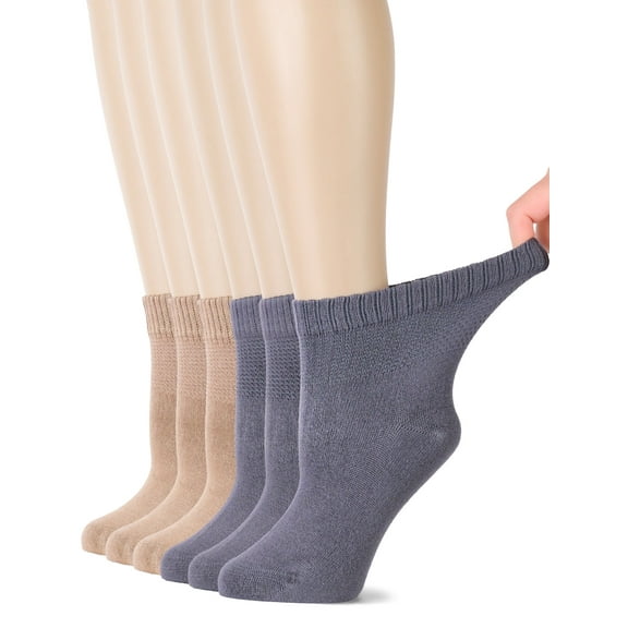 HUGH UGOLI Women's Bamboo Ankle Loose Fit Diabetic Socks, Soft, Seamless Toe, Wide Stretchy, Non-Binding Top, 6 Pairs, Beige / Grey, Shoe Size: 6-9