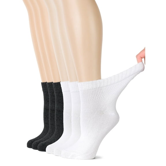 HUGH UGOLI Women's Bamboo Ankle Loose Fit Diabetic Socks, Soft, Seamless Toe, Wide Stretchy, Non-Binding Top, 6 Pairs, Charcoal/White, Shoe Size: 6-9