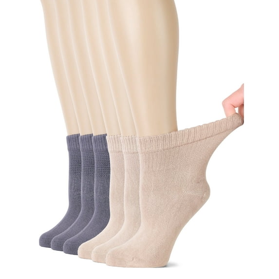 HUGH UGOLI Women's Bamboo Ankle Loose Fit Diabetic Socks, Soft, Seamless Toe, Wide Stretchy, Non-Binding Top, 6 Pairs, L.Beige/Grey, Shoe Size: 10-12