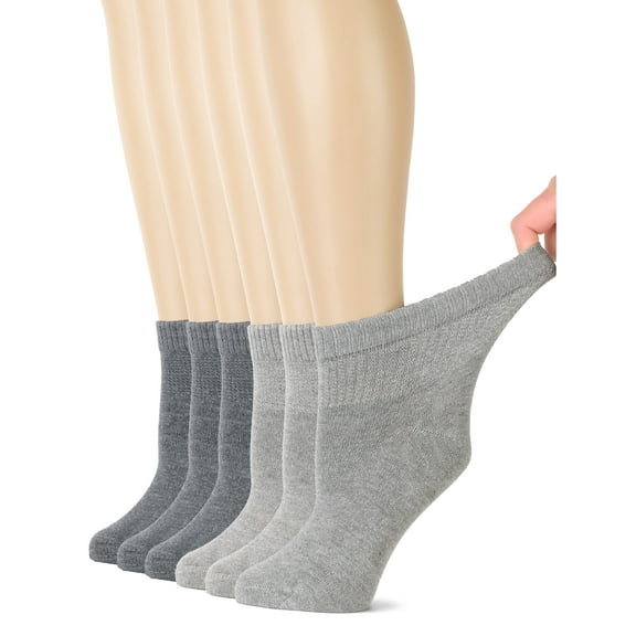 HUGH UGOLI Women's Bamboo Ankle Loose Fit Diabetic Socks, Soft, Seamless Toe, Wide Stretchy, Non-Binding Top, 6 Pairs, Light Grey / Melange Grey, Shoe Size: 6-9