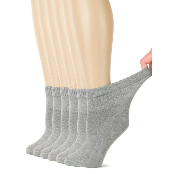 HUGH UGOLI Women's Bamboo Ankle Loose Fit Diabetic Socks, Soft, Seamless Toe, Wide Stretchy, Non-Binding Top, 6 Pairs, Light Grey, Shoe Size: 6-9