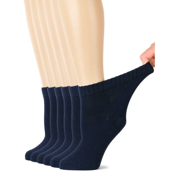 HUGH UGOLI Women's Bamboo Ankle Loose Fit Diabetic Socks, Soft, Seamless Toe, Wide Stretchy, Non-Binding Top, 6 Pairs, Navy Blue, Shoe Size: 6-9