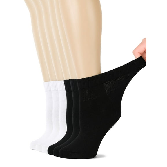HUGH UGOLI Women's Bamboo Ankle Loose Fit Diabetic Socks, Soft, Seamless Toe, Wide Stretchy, Non-Binding Top, 6 Pairs, White / Black, Shoe Size:10-12