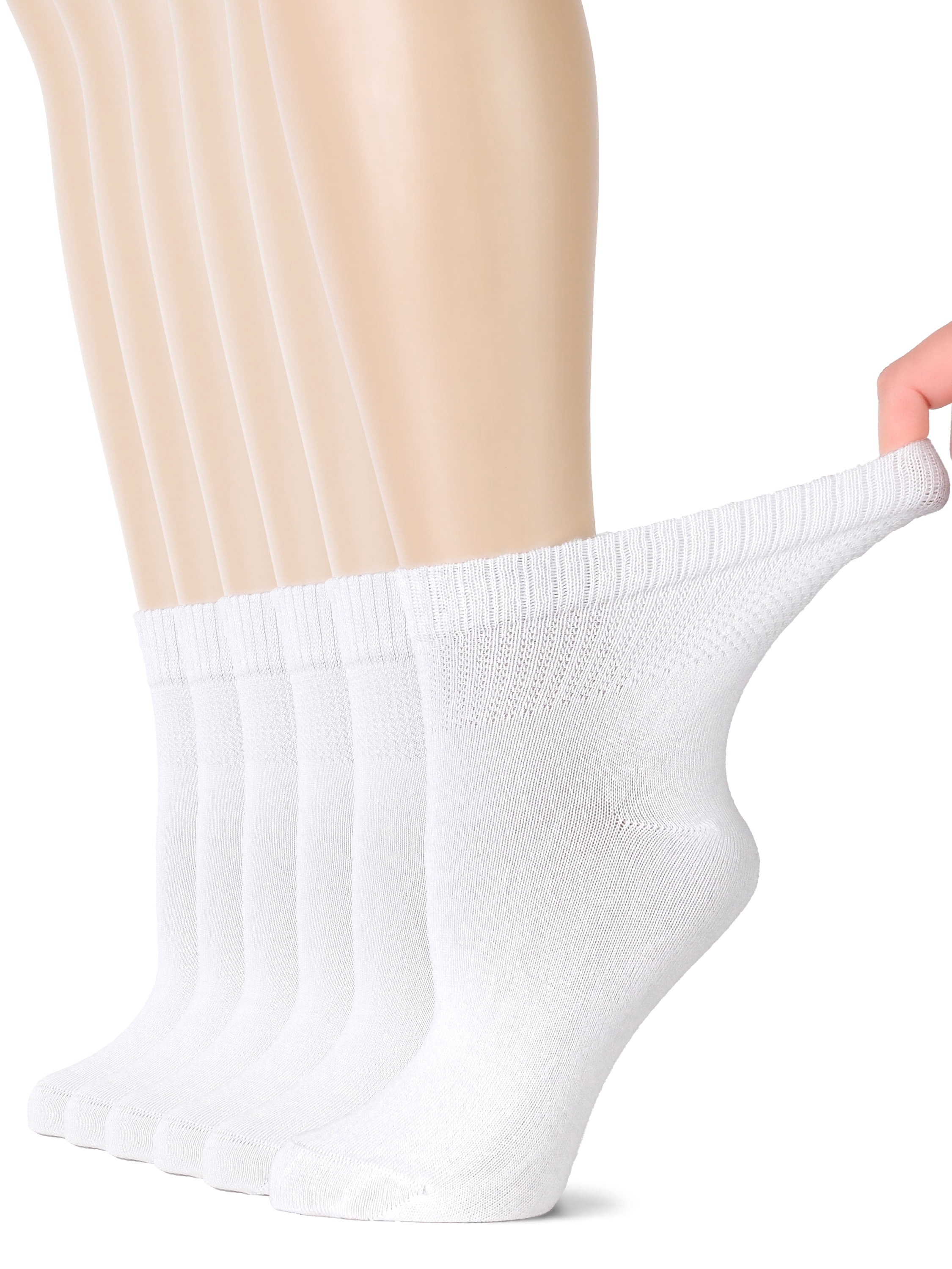 HUGH UGOLI Women's Bamboo Ankle Loose Fit Diabetic Socks, Soft, Seamless Toe, Wide Stretchy, Non-Binding Top, 6 Pairs, White, Shoe Size: 10-12