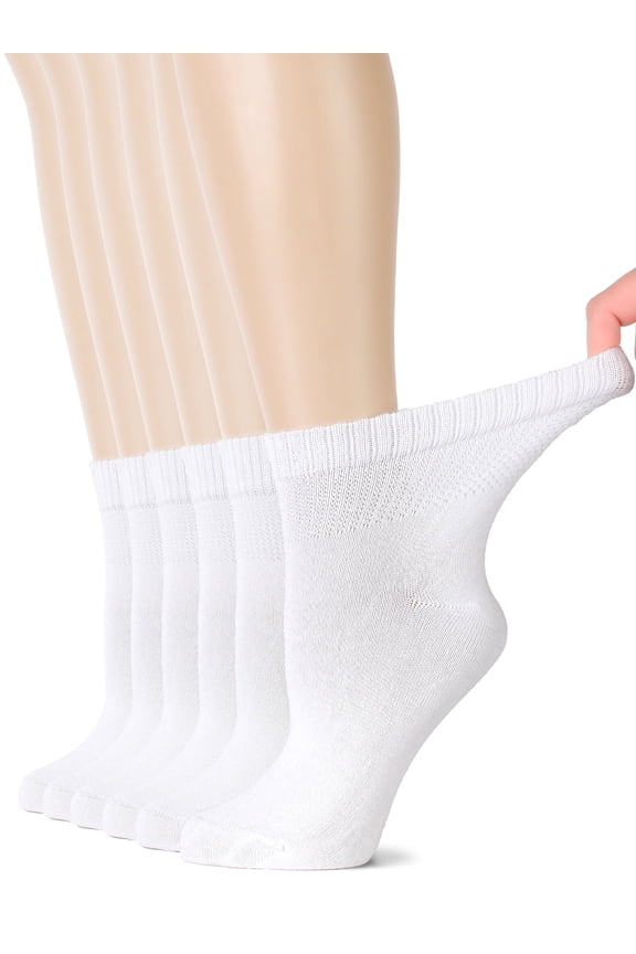 Women's Bamboo Ankle Loose Fit Diabetic Socks, Soft, Seamless Toe, Wide Stretchy, Non-Binding Top, 6 Pairs, White, Shoe Size: 6-9