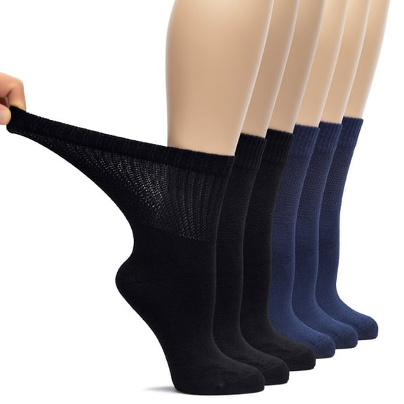 HUGH UGOLI Women's Bamboo Diabetic Loose Fit Crew Socks, 6 Pairs, Black / Navy Blue, Shoe Size: 10-12