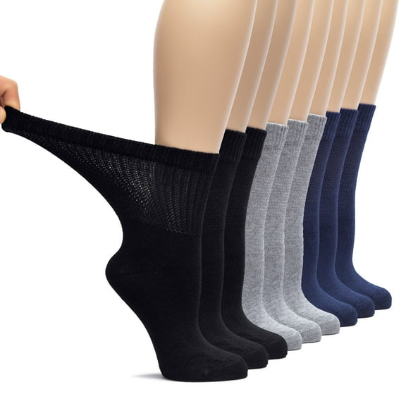 HUGH UGOLI Women's Bamboo Diabetic Loose Fit Crew Socks, 9 Pairs, Black/Light Grey/Navy Blue, Shoe Size: 6-9