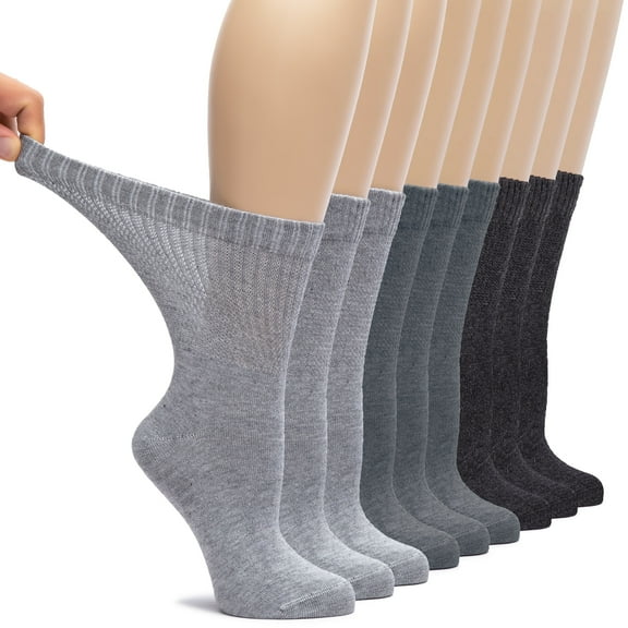 HUGH UGOLI Women's Bamboo Diabetic Loose Fit Crew Socks, 9 Pairs, L.Grey/Mlg.Grey/Charcoal, Shoe Size: 6-9