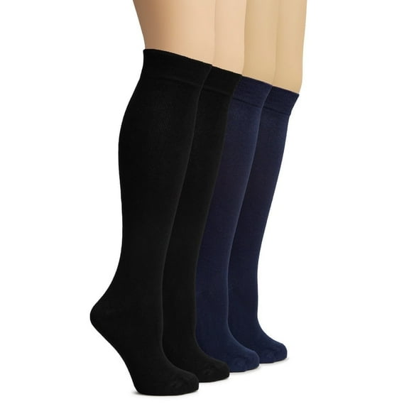 Hugh Ugoli Women's Rayon Derived from Bamboo Knee High Socks | Comfort Seam Long Dress Socks, Soft & Lightweight | 4 Pairs, Black/Navy Blue, Shoe Size: 8-11