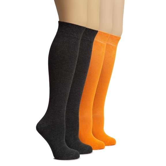 HUGH UGOLI Women's Bamboo Knee High Socks | Comfort Seam Long Dress Socks, Soft & Lightweight | 4 Pairs, Charcoal/Pumpkin Orange, Shoe Size: 5-8