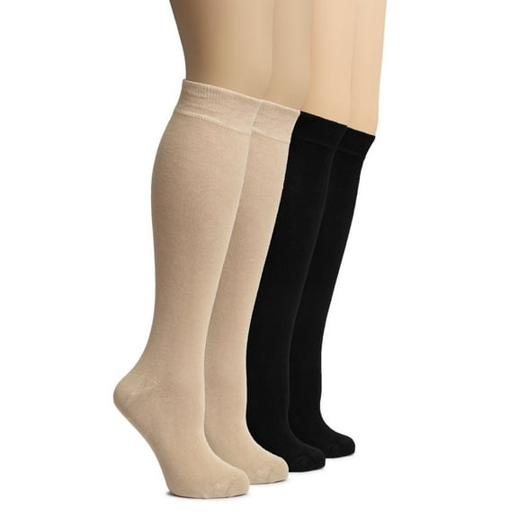 Hugh Ugoli Women's Rayon Derived from Bamboo Knee High Socks | Comfort Seam Long Dress Socks, Soft & Lightweight | 4 Pairs, Light Beige/Black, Shoe Size: 8-11