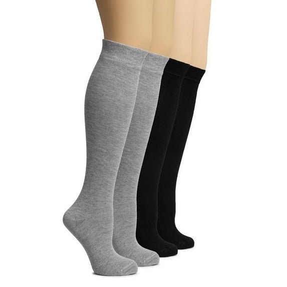 Hugh Ugoli Women's Rayon Derived from Bamboo Knee High Socks | Comfort Seam Long Dress Socks, Soft & Lightweight | 4 Pairs, Light Grey/Black, Shoe Size: 5-8