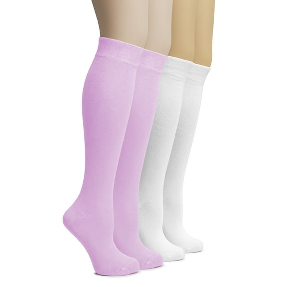 Hugh Ugoli Women's Rayon Derived from Bamboo Knee High Socks | Comfort Seam Long Dress Socks, Soft & Lightweight | 4 Pairs, Pink/White, Shoe Size: 5-8