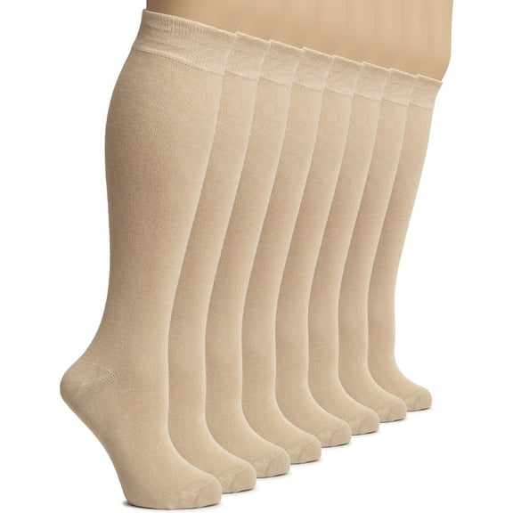 HUGH UGOLI Women's Bamboo Knee High Socks | Comfort Seam Long Dress Socks, Soft & Lightweight | 8 Pairs, Light Beige/Tan, Shoe Size: 5-8