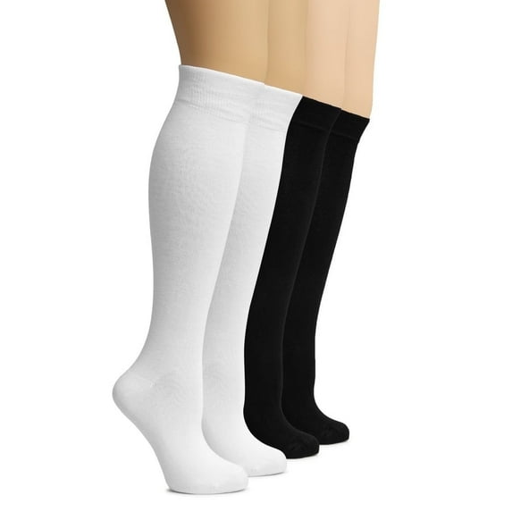 Hugh Ugoli Women's Rayon Derived from Bamboo Knee High Socks | Comfort Seam Long Dress Socks, Soft & Lightweight | 8 Pairs, White/Black, Shoe Size: 5-8