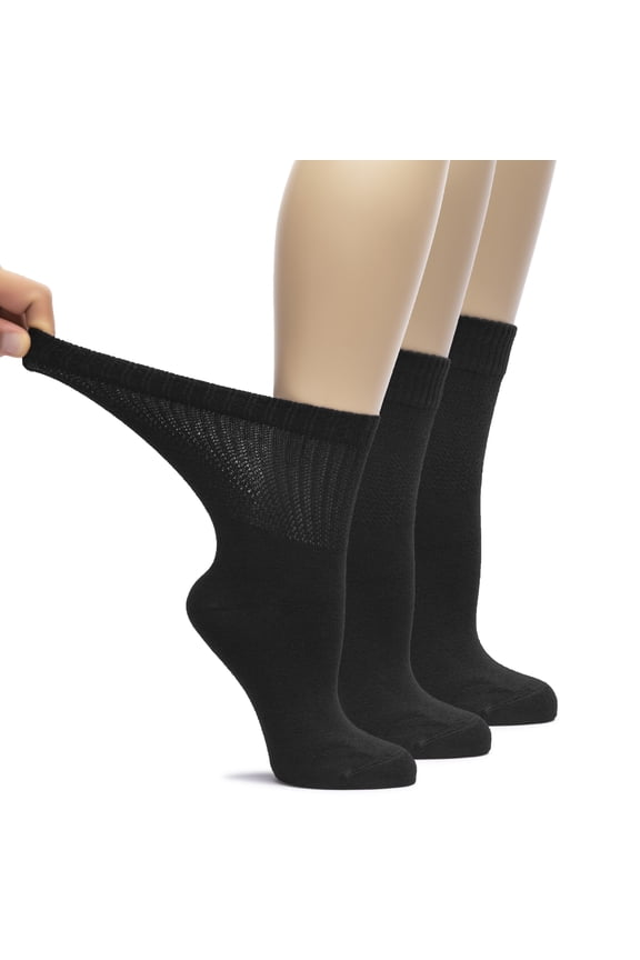 Women's Bamboo Diabetic Crew Socks, Seamless Toe, Non-Binding, Extra Wide, 3 Pairs, Black, Size 6-9
