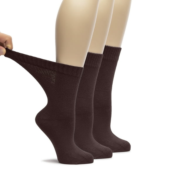 HUGH UGOLI Women's Bamboo Loose Fit Diabetic Crew Socks, Seamless Toe & Non-Binding Top for Swollen Feet, Soft, Extra Wide and Stretchy, 3 Pairs, Brown, Shoe Size: 10-12