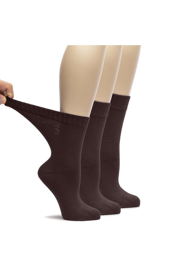 Women's Bamboo Loose Fit Diabetic Crew Socks, Seamless Toe & Non-Binding Top for Swollen Feet, Soft, Extra Wide and Stretchy, 3 Pairs, Brown, Shoe Size: 10-12