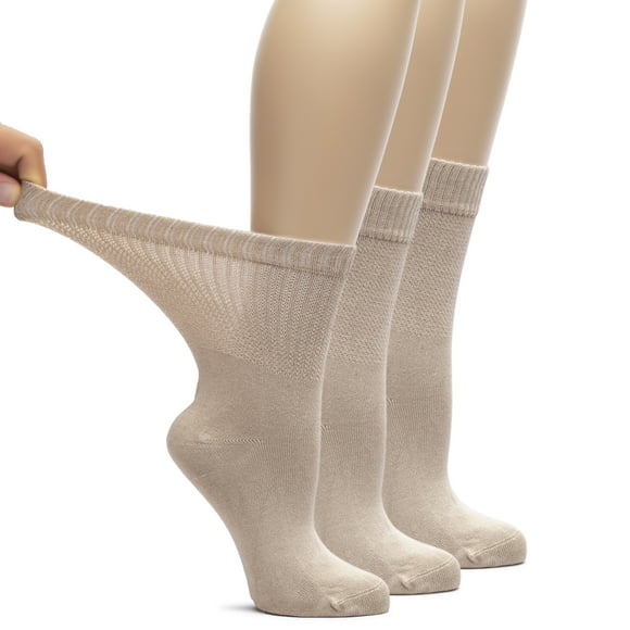 HUGH UGOLI Women's Bamboo Loose Fit Diabetic Crew Socks, Seamless Toe & Non-Binding Top for Swollen Feet, Soft, Extra Wide and Stretchy, 3 Pairs, Light Beige, Shoe Size: 6-9