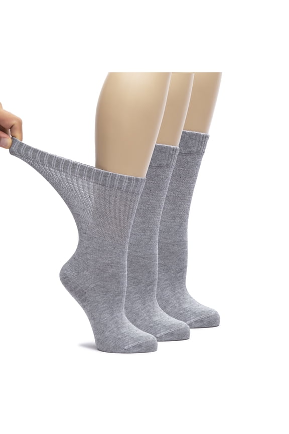 Women's Bamboo Loose Fit Diabetic Crew Socks, Seamless Toe & Non-Binding Top for Swollen Feet, Soft, Extra Wide and Stretchy, 3 Pairs, Light Grey, Shoe Size: 6-9