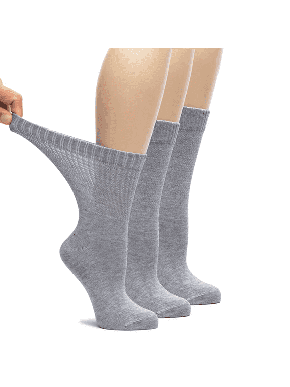 Women's Bamboo Loose Fit Diabetic Crew Socks, Seamless Toe & Non-Binding Top for Swollen Feet, Soft, Extra Wide and Stretchy, 3 Pairs, Light Grey, Shoe Size: 6-9