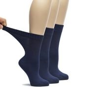 HUGH UGOLI Women's Bamboo Loose Fit Diabetic Crew Socks, Seamless Toe & Non-Binding Top for Swollen Feet, Soft, Extra Wide and Stretchy, 3 Pairs, Navy Blue, Shoe Size: 10-12