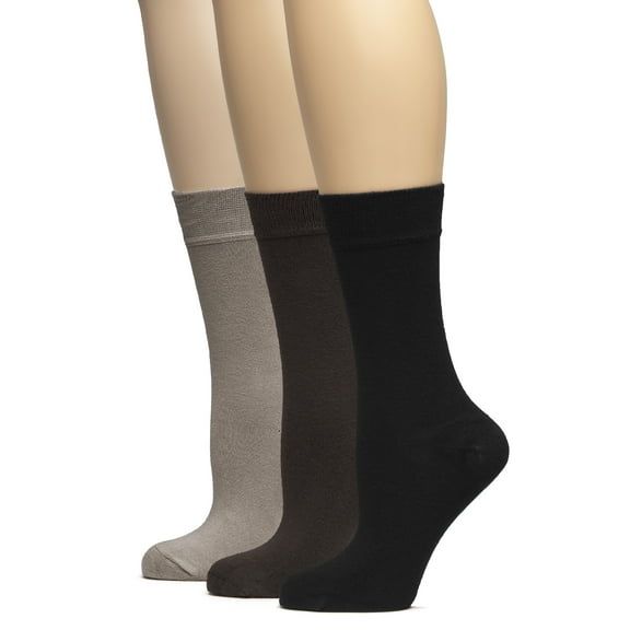 HUGH UGOLI Women's Bamboo Soft Crew Socks for Dress & Trouser, Thin, Seamless Toe & Non-Binding, 3 Pairs, Black/Dark Beige/Dark Brown, Shoe Size: 9-11