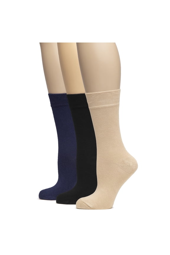 Women's Bamboo Crew Socks, Seamless Toe, Breathable, 3 Pairs, Beige/Black/Navy Blue, Shoe Size 9-11