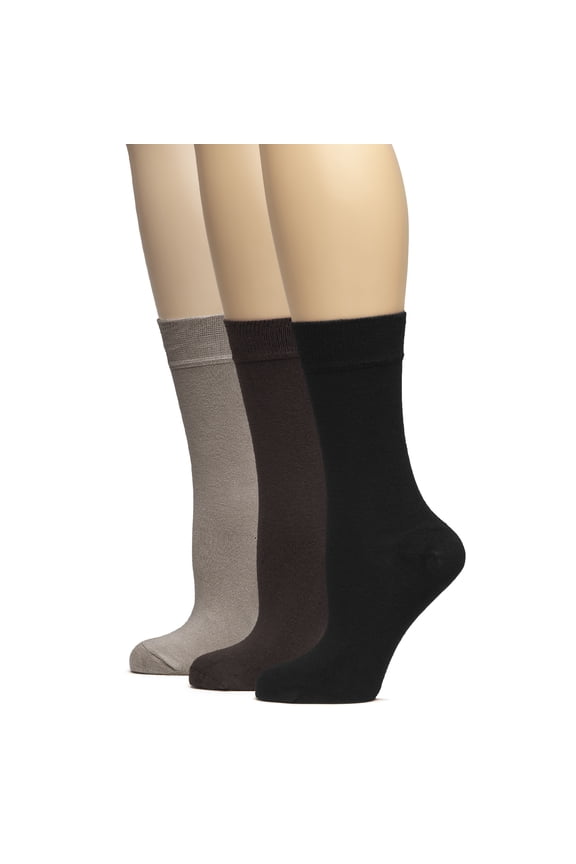 Women's Bamboo Soft Crew Socks for Dress & Trouser, Thin, Seamless Toe & Non-Binding, 3 Pairs, Black/Dark Beige/Dark Brown, Shoe Size: 5-8