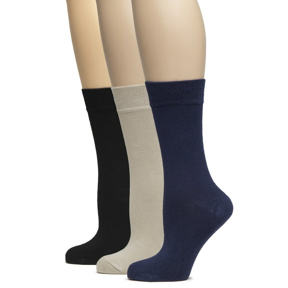 HUGH UGOLI Women's Bamboo Soft Crew Socks for Dress & Trouser, Thin, Seamless Toe & Non-Binding, 3 Pairs, Navy Blue/Light Beige/Black, Shoe Size: 5-8
