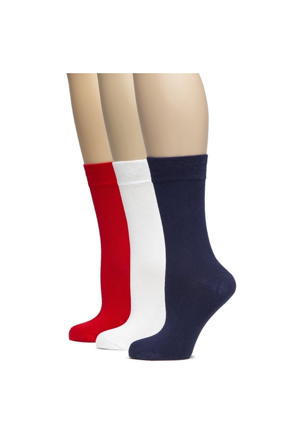 Women's Bamboo Soft Crew Socks for Dress & Trouser, Thin, Seamless Toe & Non-Binding, 3 Pairs, Navy Blue/White/Red, Shoe Size: 5-8