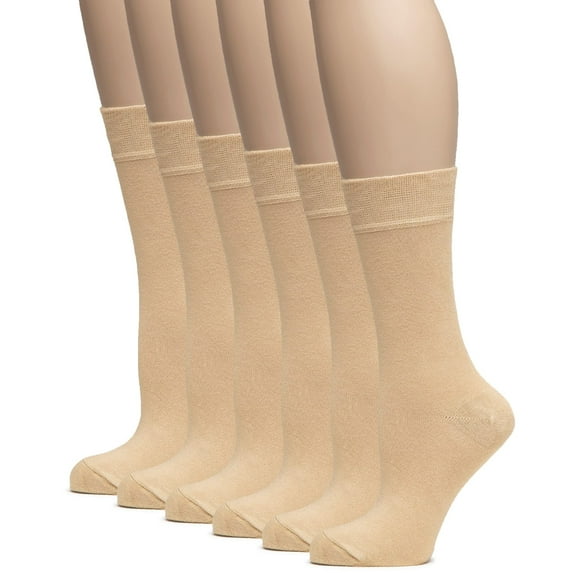 Hugh Ugoli Women's Thin Soft Rayon Crew Socks for Dress & Trouser, Seamless Toe & Non-Binding, Trendy, 6 Pairs, Beige, Shoe Size: 9-11