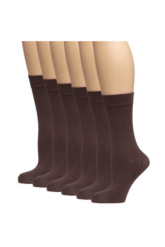 Women's Thin Soft Rayon Crew Socks for Dress & Trouser, Seamless Toe & Non-Binding, Trendy, 6 Pairs, Brown, Shoe Size: 9-11
